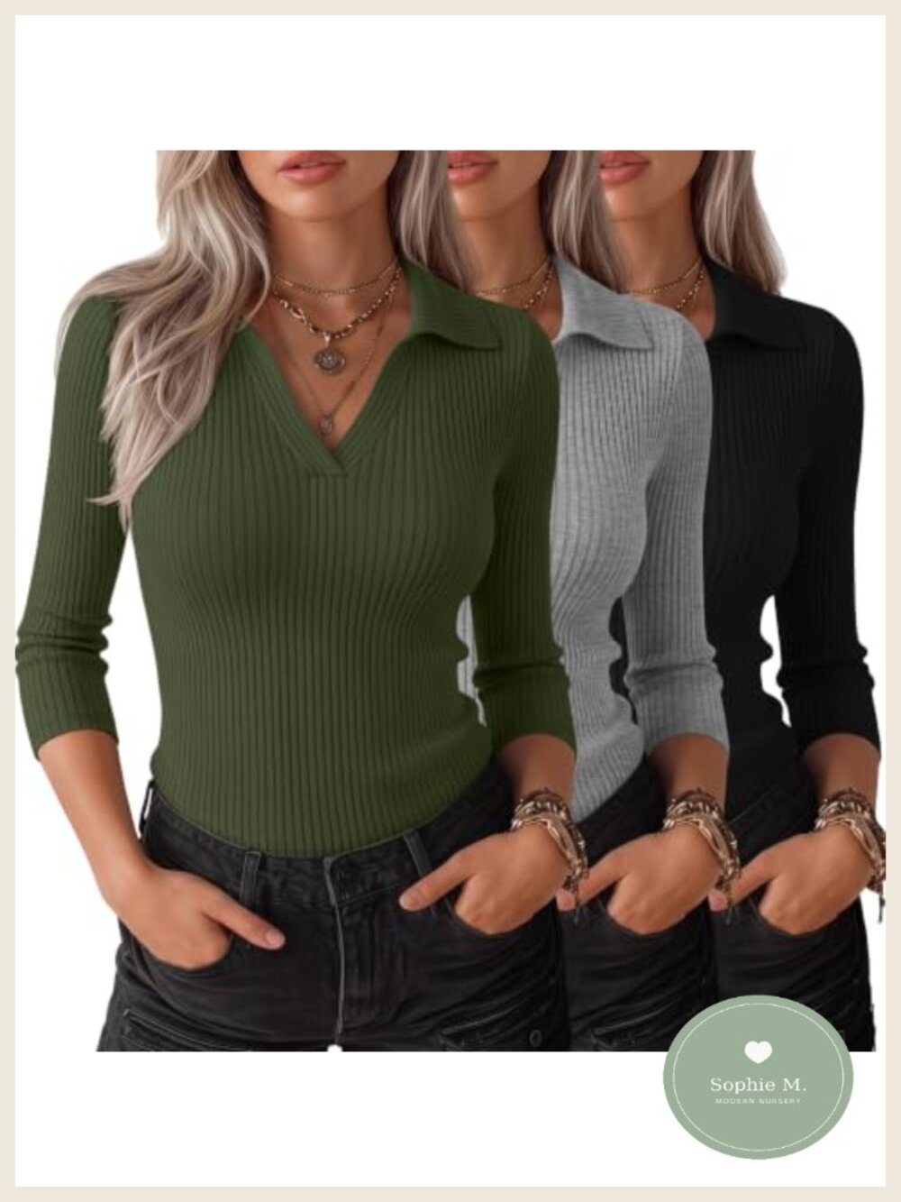 Women's 3/4 Sleeve Polo Shirts Cotton Spandex V-Neck Slim Fit 3 Pack